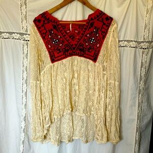 Embroidered Lace Women's Top - Cream and Red